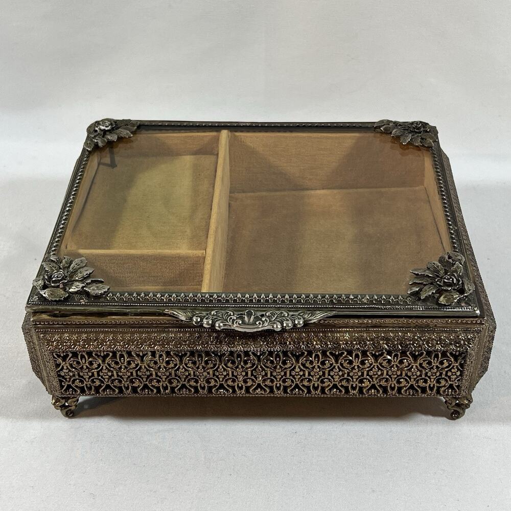 Vintage Filigree Metal Jewelry Casket w/ Glass Lid Music Box Hollywood Regency
